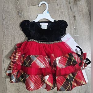 NWT Bonnie Jean Baby Infant Red Plaid Black Velvet Fancy Dress 3-6M Christmas